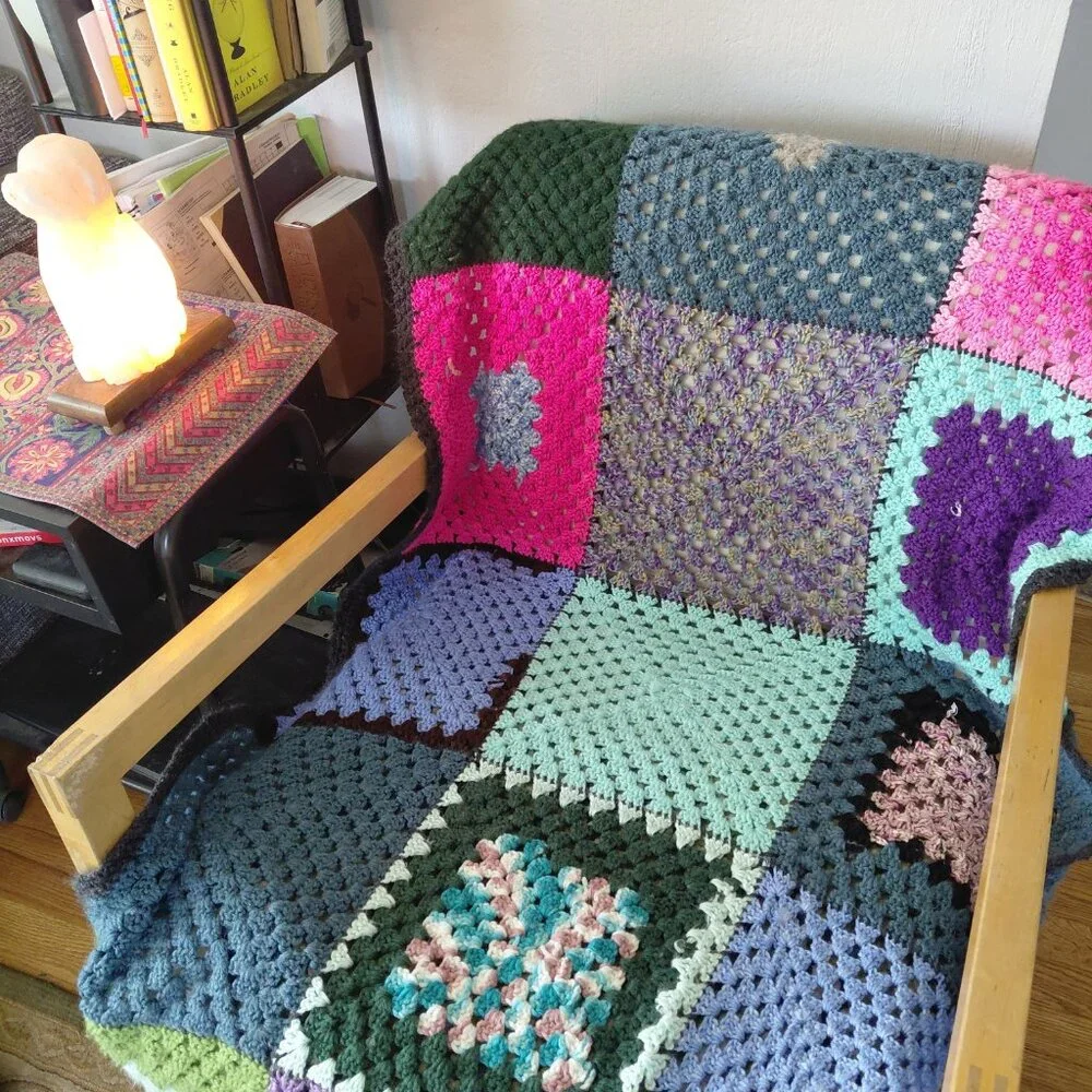 Vintage 70s Crochet Granny Square Panels Handmade Afghan Blanket Retro Boho